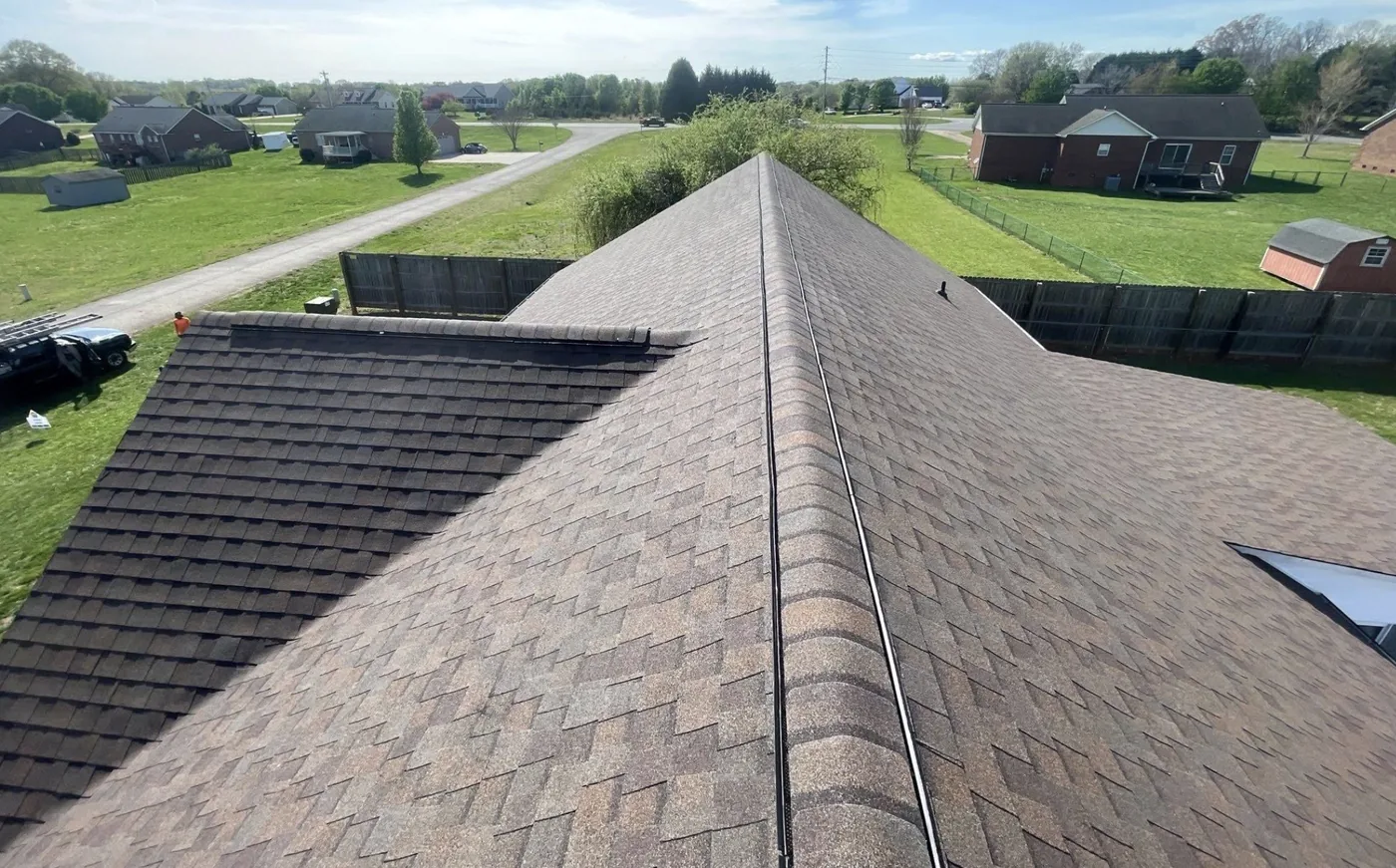 Roof replacement viewed from the ridge cap by S&S Roofing in Hickory, NC